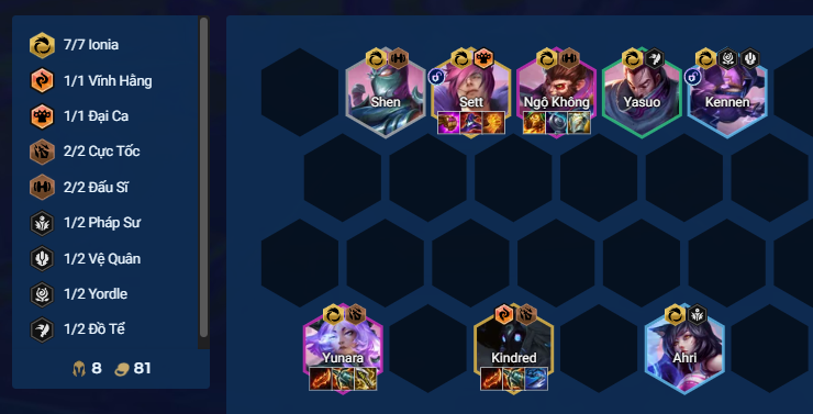 Đội hình Ionia Fast 8 với Yunara, Kindred và Sett